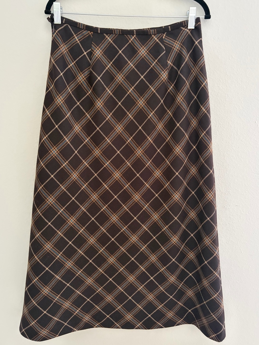 Vintage Dana Buchman Chocolate Brown 100% Wool Plaid A-Line Maxi Skirt Hong Kong - Picture 6 of 9